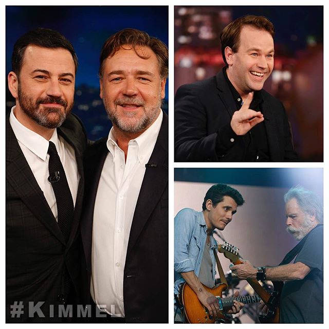 Tonight on #Kimmel @RussellCrowe #TheNiceGuys, Mike @Birbigs #DontThinkTwice, music from @DeadAndCompany & we play "Which Celebrity's Parents Are These?"