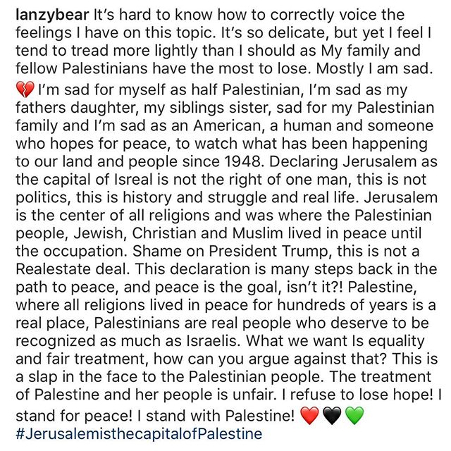 There is no hate against anyone... My best friend is Israeli. My best friends I call sisters and brothers are Jewish. There are no sides... Just one man..it has always been a factor of trying to bring peace... Where is the hope..? Love you my sister  @lanzybear We will stand strong @linahadid @mohamedhadid @lanzybear