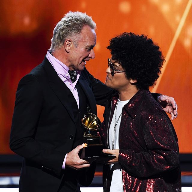 A legendary moment: Sting presenting Bruno Mars the award for Song of the Year, for "That's What I Like" #grammys2018 #buro247singapore