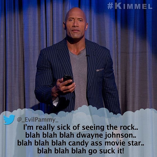 Dwayne @TheRock Johnson read a mean tweet LIVE last night. #MeanTweets Week continues with more stars TONIGHT on #Kimmel!