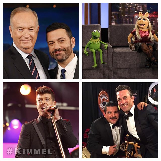 Tonight on #Kimmel Bill O'Reilly #KillingReagan, Kermit The Frog & @RealMissPiggy #TheMuppets, music from @RobinThicke #BackTogether, @IamGuillermo goes #BackToBack at the #Emmys and a new LIVE #MeanTweets