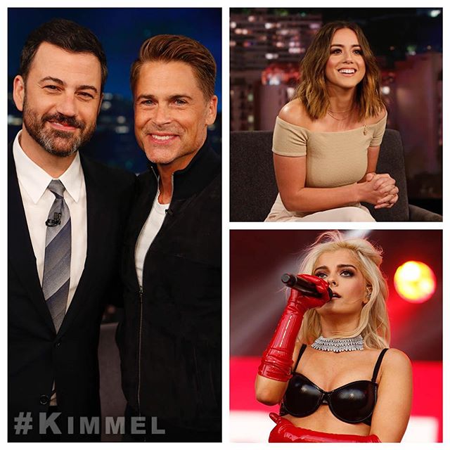 Tonight on #Kimmel @RobLoweOfficial #TheGrinder, @ChloeBennet #AgentsOfSHIELD, music from @BebeRexha #NoBrokenHearts & a special #CincoDeMayo edition of The @IamGuillermo Show