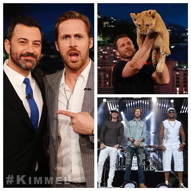 Tonight on #Kimmel Ryan Gosling #TheNiceGuys, wild animals with @RealDaveSalmoni #MonsterWeek, #MashUpMonday @Official_Flo @FlaGaLine #FloRidaGeorgiaLine & a BIG surprise guest #KnifeGuys