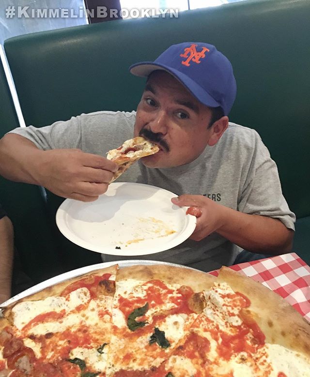 And so it begins... #KimmelinBrooklyn @IamGuillermo @GrimaldisPizzeria