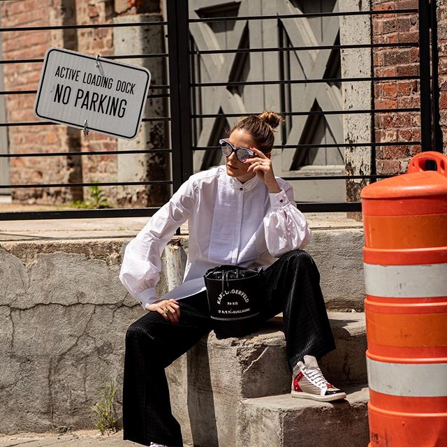 Off-duty in the #KarlxOlivia pleated plastron button down. 
 
Available now on OliviaPalermo.com!  